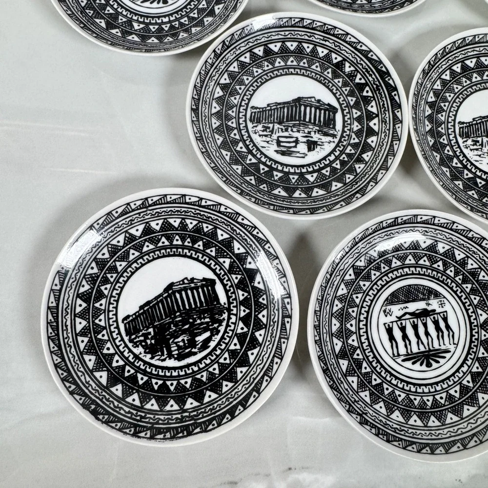 Vintage Greek Black and White Demitasse Cups and Saucers Set Greek Key Parthenon